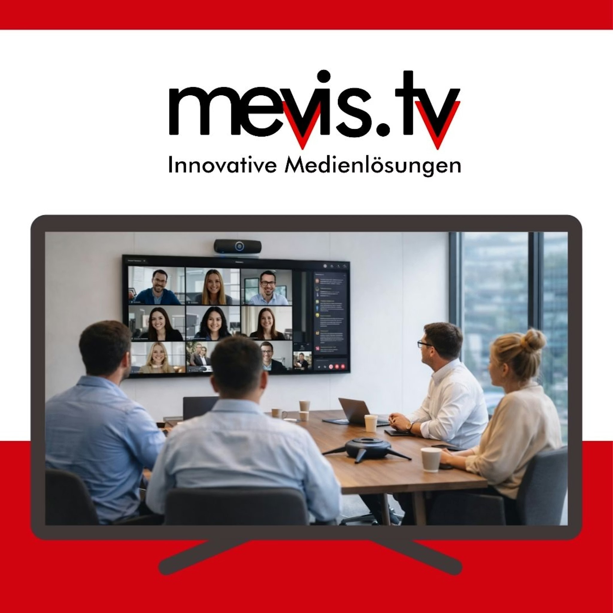 Team-Videokonferenz bei mevis.tv mit Wand-Logo im Hintergrund