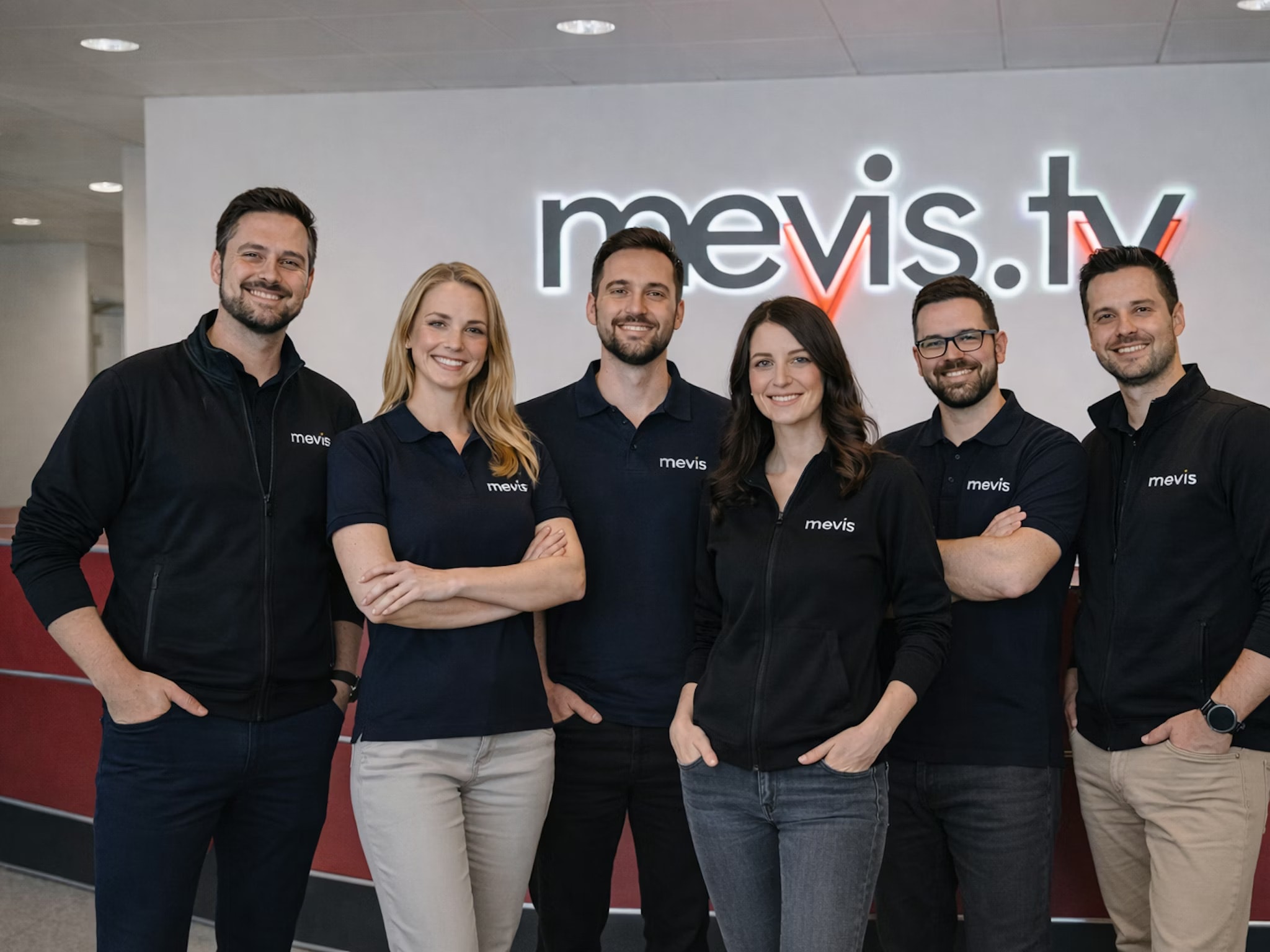 Sechs lachende Personen in Firmenkleidung mit dem Schriftzug mevis.tv im Hintergrund, stehend in einem modernen Büro.